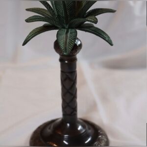 Unique & Vintage Brass Palm Tree 8.5” Candlestick Holder W/Verdigris Style Palms
